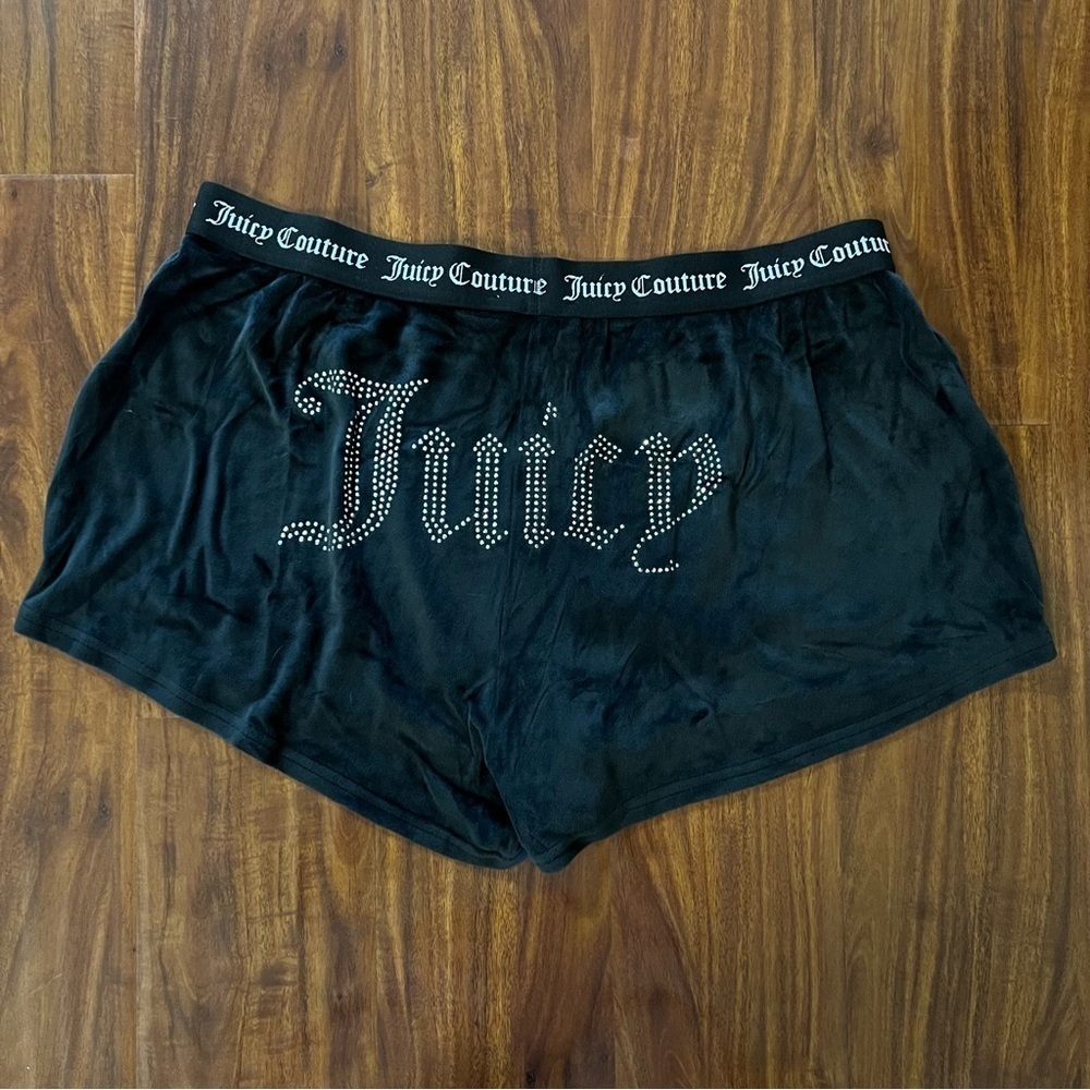 Juicy Couture Black Velour Pajama Sleep Shorts Rhinestone Bling Logo size XL